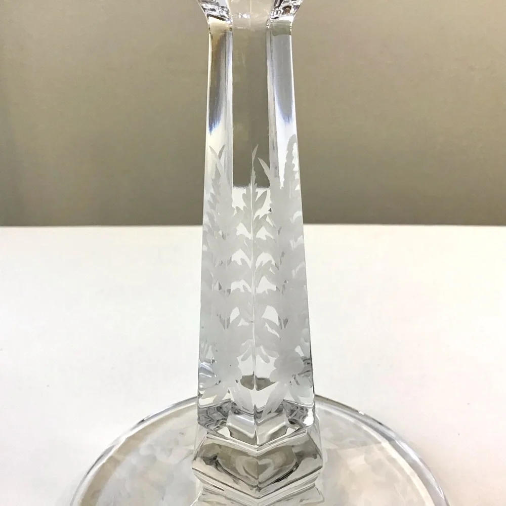 Vintage HEISEY Crystal Glass Candle Holder Elegant Etched Flowers & Leaves 7.75”